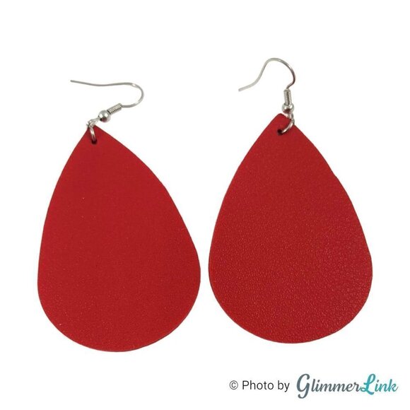 Faux Leather Teardrop Shaped Dangle Earrings Pink, Red and Floral Blue Set of 3 - Picture 4 of 9